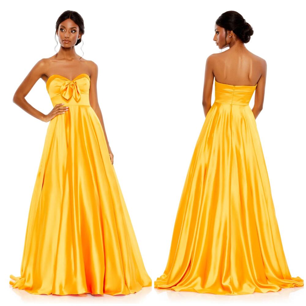 Mac Duggal Front Bow Strapless Sweetheart Gown Marigold Size 4 *Multiple Flaws*